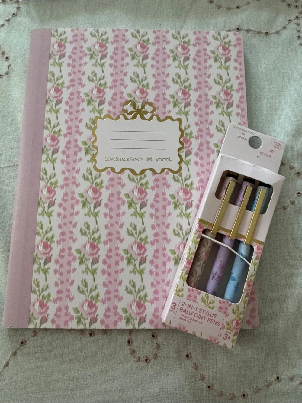 LoveShackFancy Pink & Lavender Floral Notebook with Pastel Stylus Pens